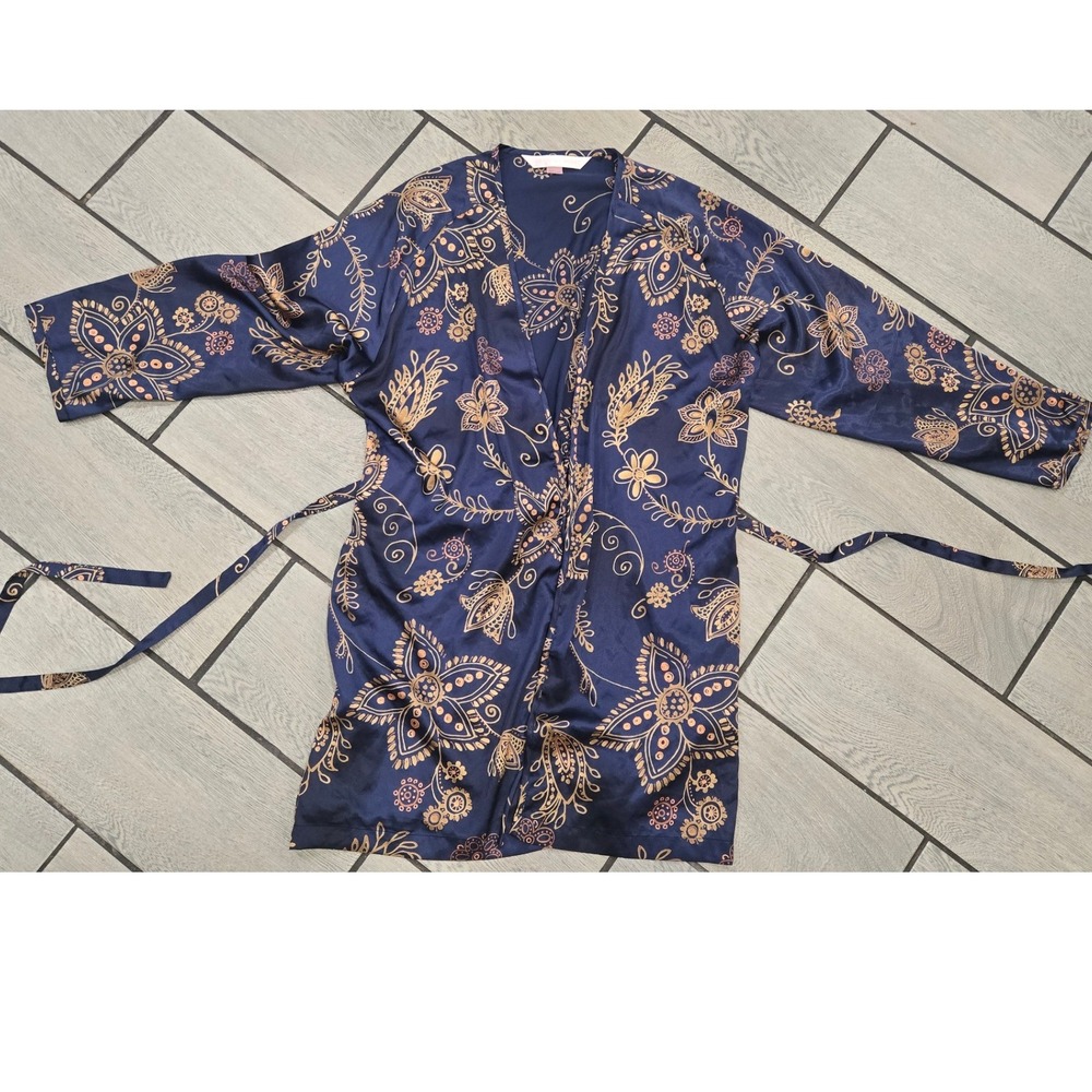 Victoria's Secret Navy Blue Gold Floral Paisley Satin Robe One Size Loungewear